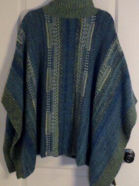 J.Jill Cape Poncho Shawl Sweater Turtleneck Blues & Greens Pattern One Size
